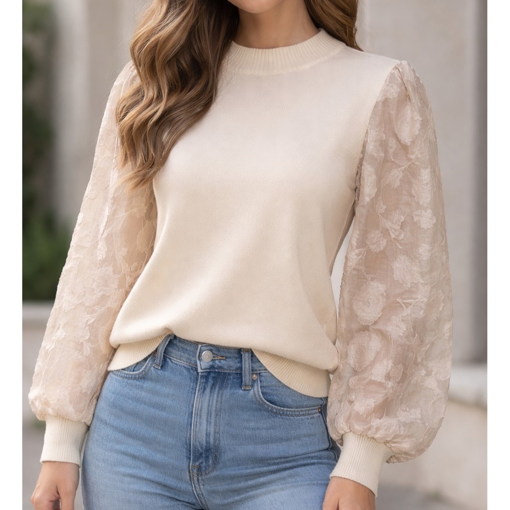 Flying Tomato Floral Puff Sleeves Crew Neck Sweater Women's‎ Size 3X Cream